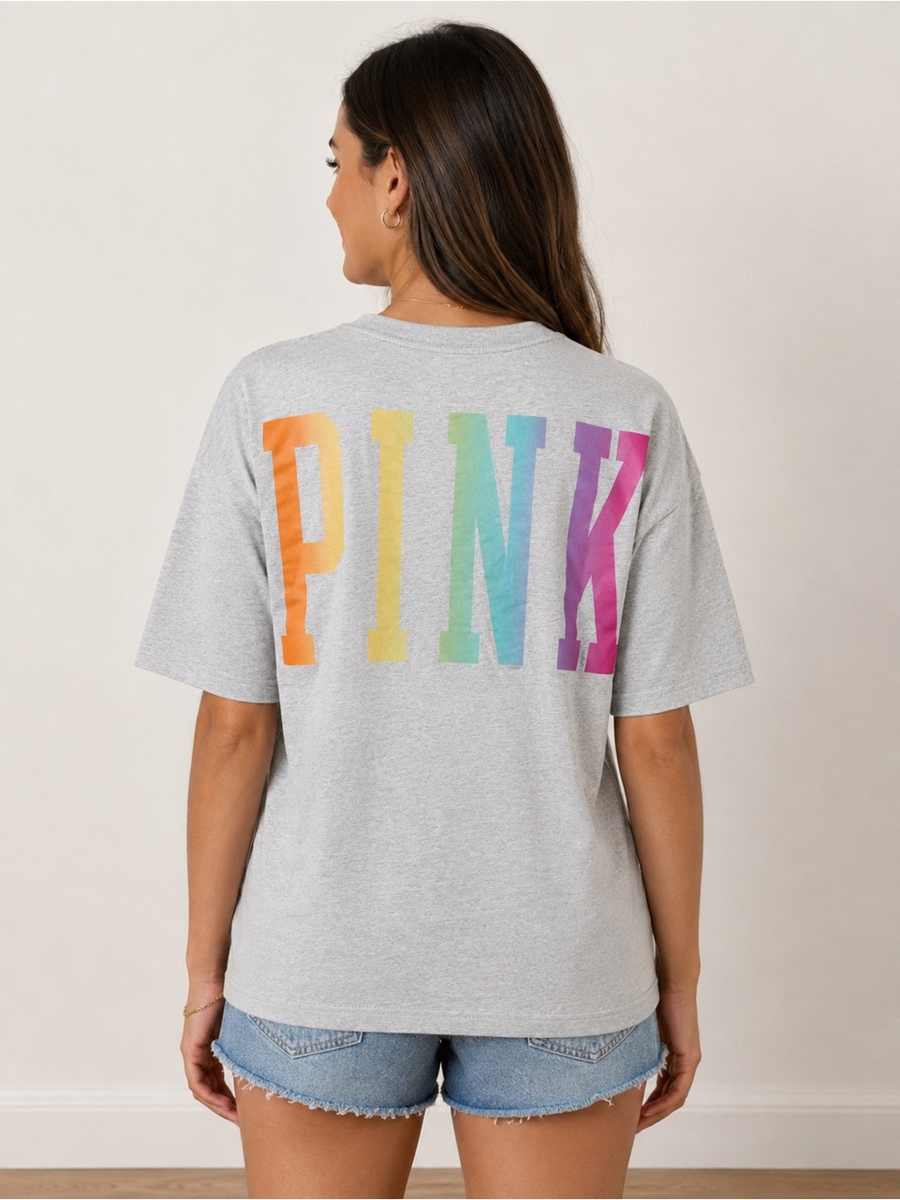 PINK Victoria's Secret Gray Tee with Rainbow Lettering